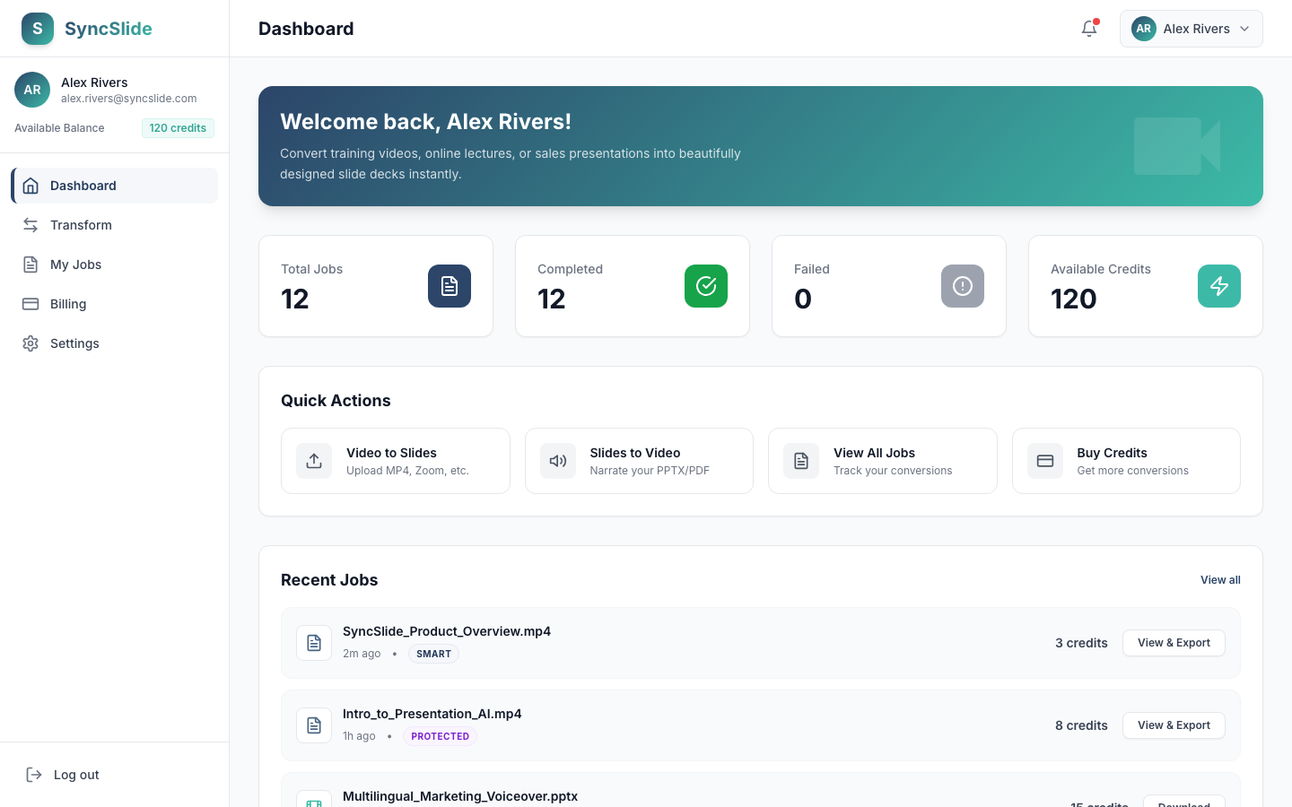 SyncSlide Dashboard real application screenshot