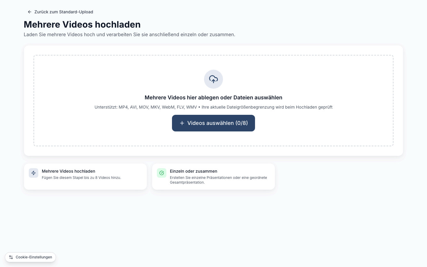 Mehrere Schulungsvideos als getrennte oder zusammengeführte Präsentationen organisiert