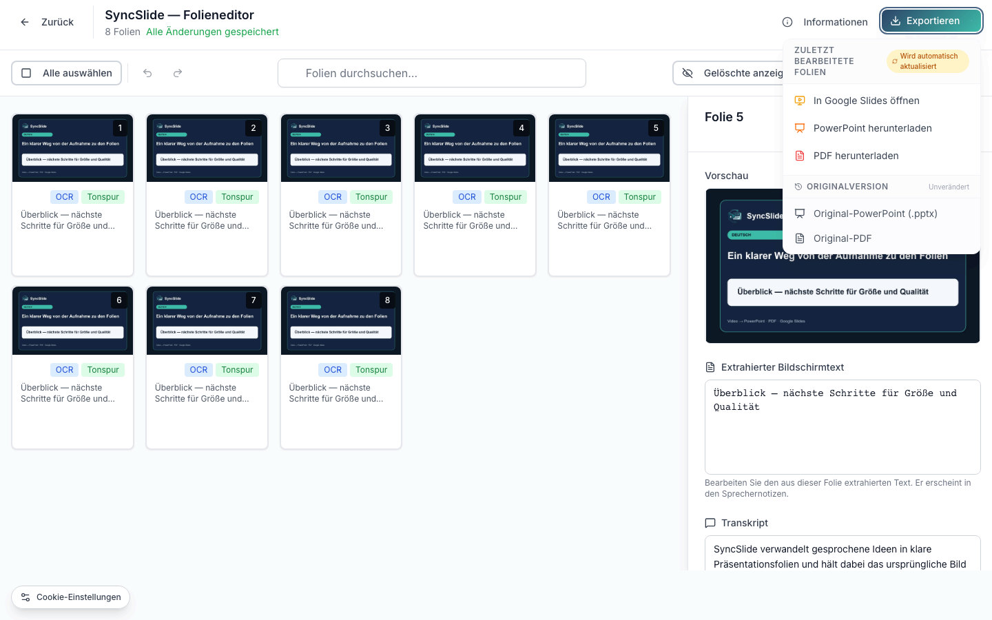 Echter SyncSlide-Folieneditor mit geöffnetem Exportmenü für PowerPoint, PDF und Google Slides