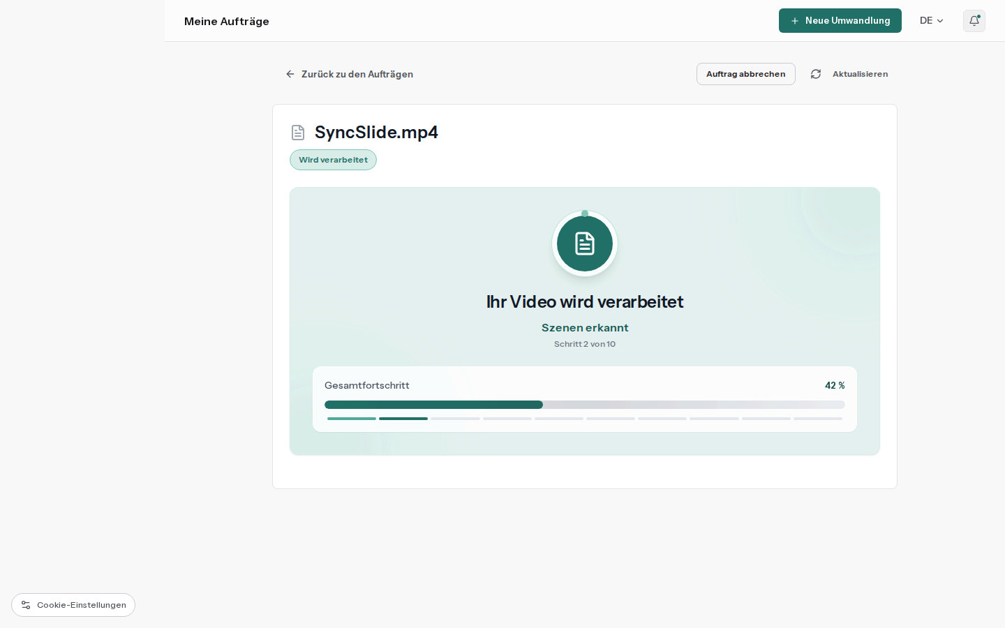 SyncSlide-Verarbeitungsseite mit aktuellem Umwandlungsfortschritt und Verarbeitungsschritt