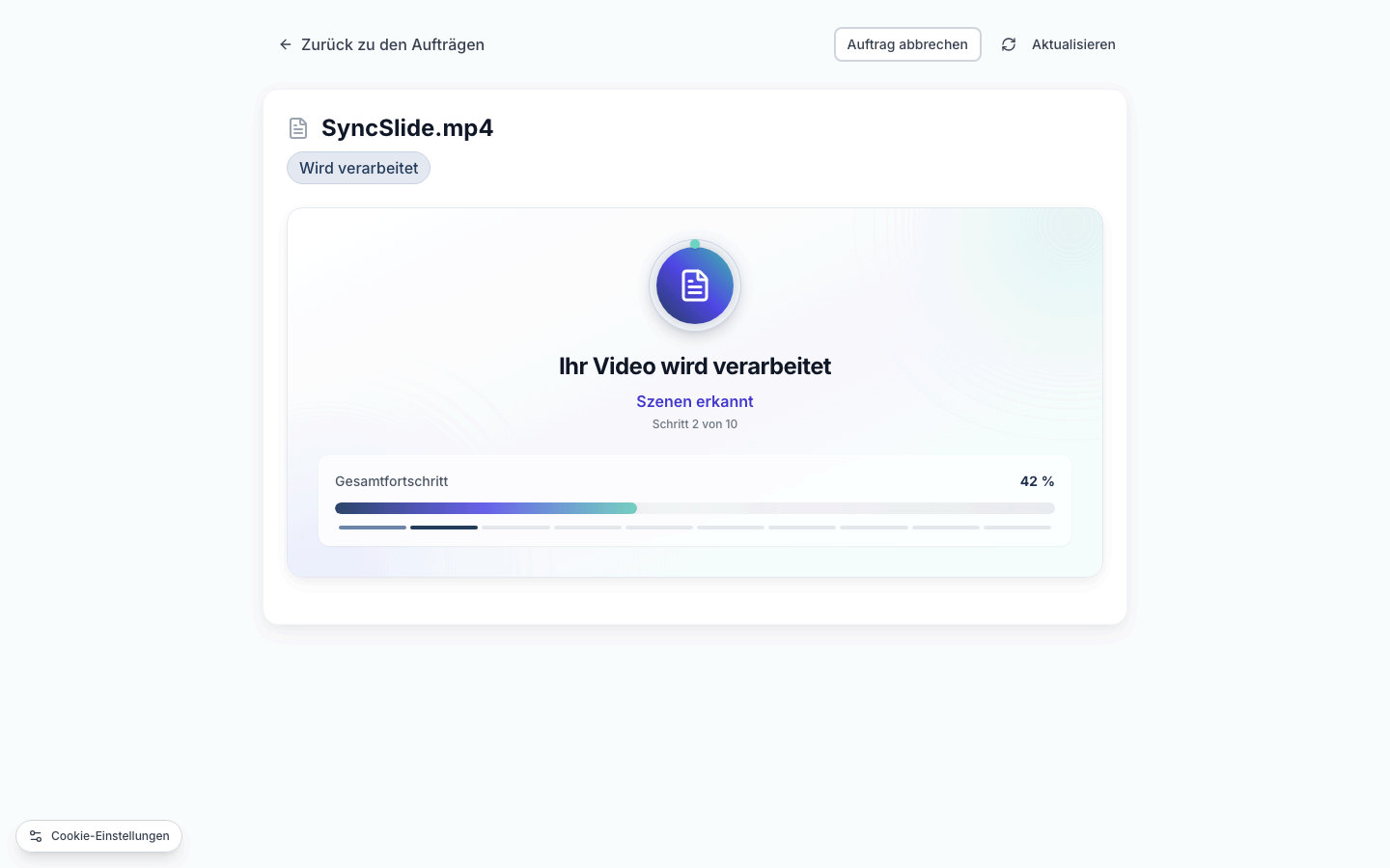 SyncSlide-Verarbeitungsseite mit Umwandlungsfortschritt und aktuellem Schritt