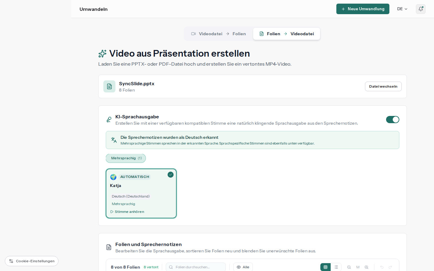 SyncSlide-Arbeitsbereich für Präsentation zu Video mit Vertonungsstimmen und Sprechernotizen der Folien