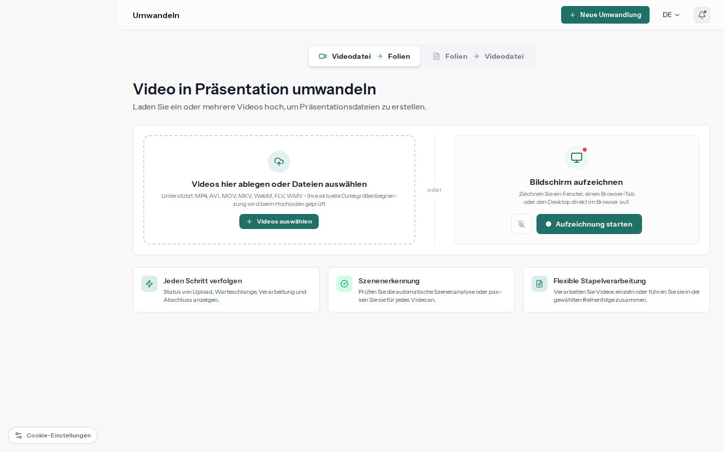 Echter SyncSlide-Upload-Bereich mit einem zur Umwandlung ausgewählten Video