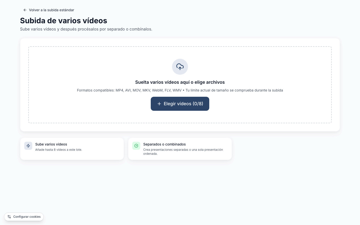 Varios archivos de video de formación organizados en presentaciones separadas o combinadas