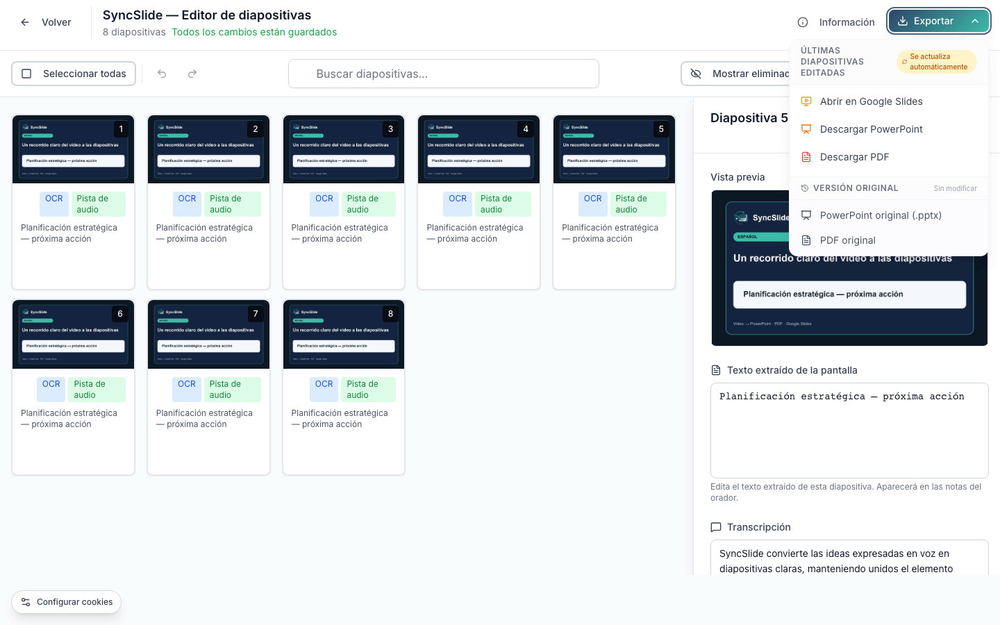 Editor real de SyncSlide con el menú de exportación de PowerPoint, PDF y Google Slides abierto