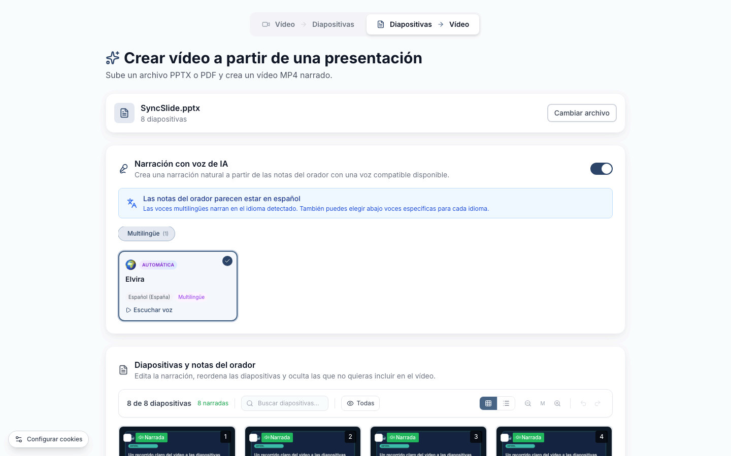 Espacio de SyncSlide para crear video con voces de narración y notas del orador