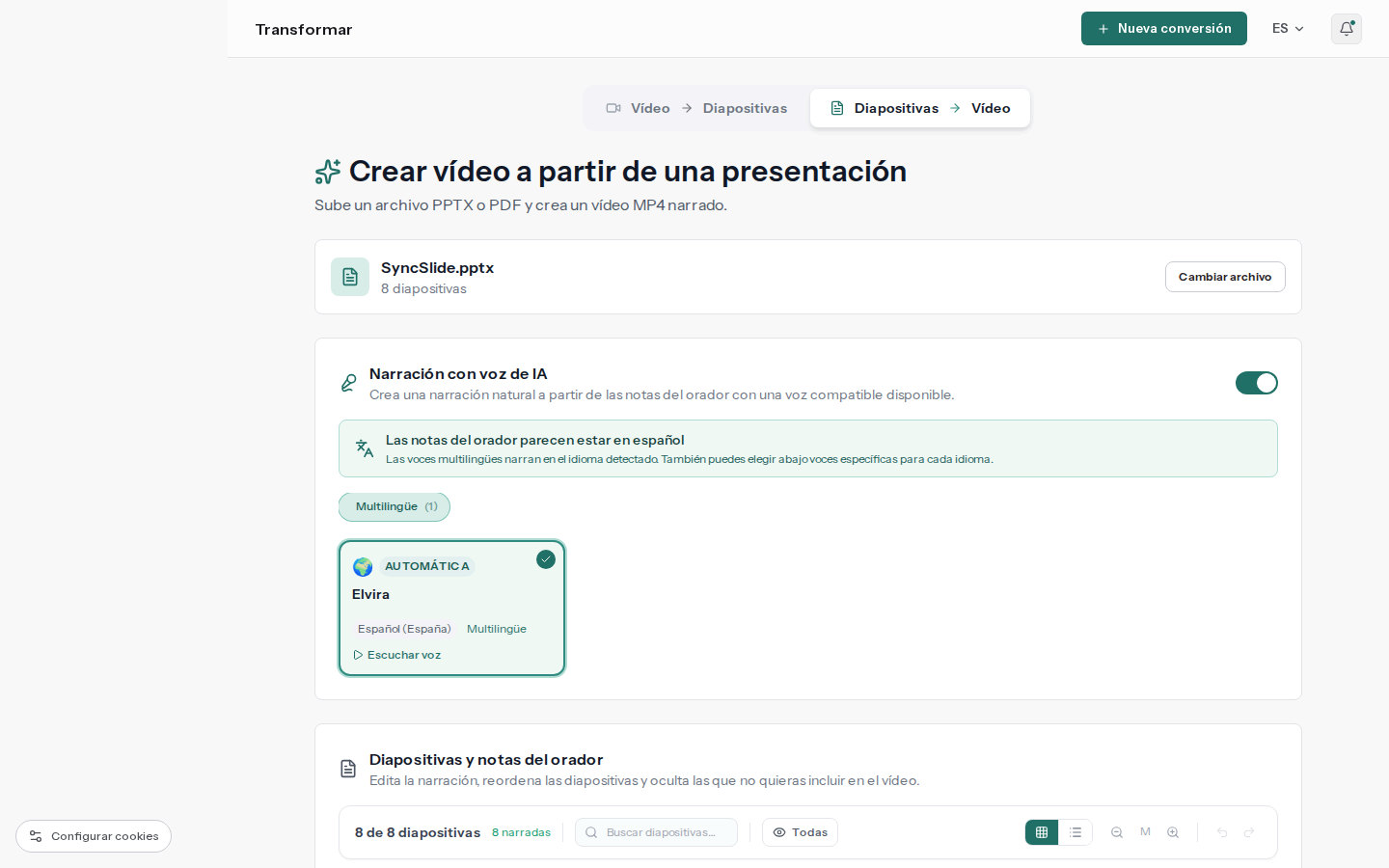 Espacio de trabajo de presentación a video de SyncSlide con voces de narración y notas del orador de las diapositivas