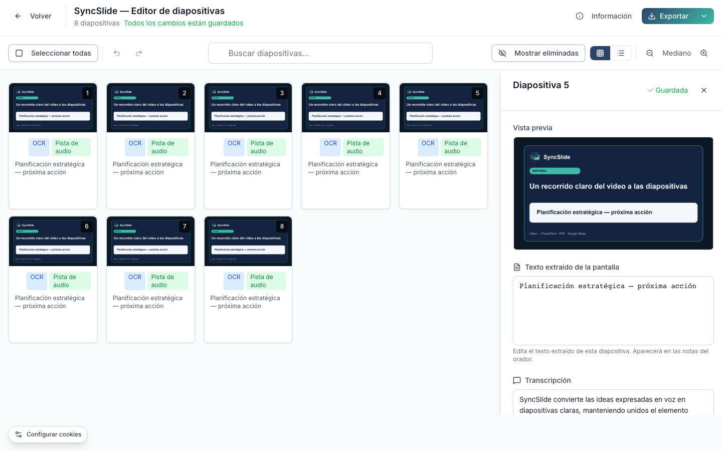 Editor real de SyncSlide con la vista previa de una diapositiva capturada, el texto extraído y la transcripción asociada