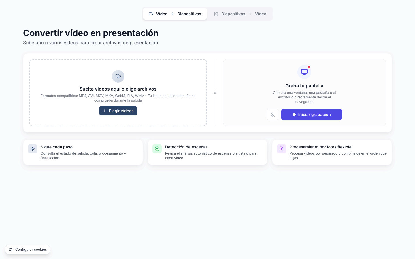 Espacio real de carga de SyncSlide con selección de video y grabación de pantalla en el navegador