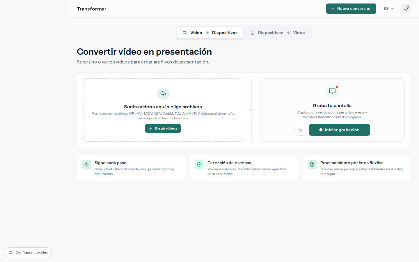 Espacio de subida real de SyncSlide con un video seleccionado para convertir
