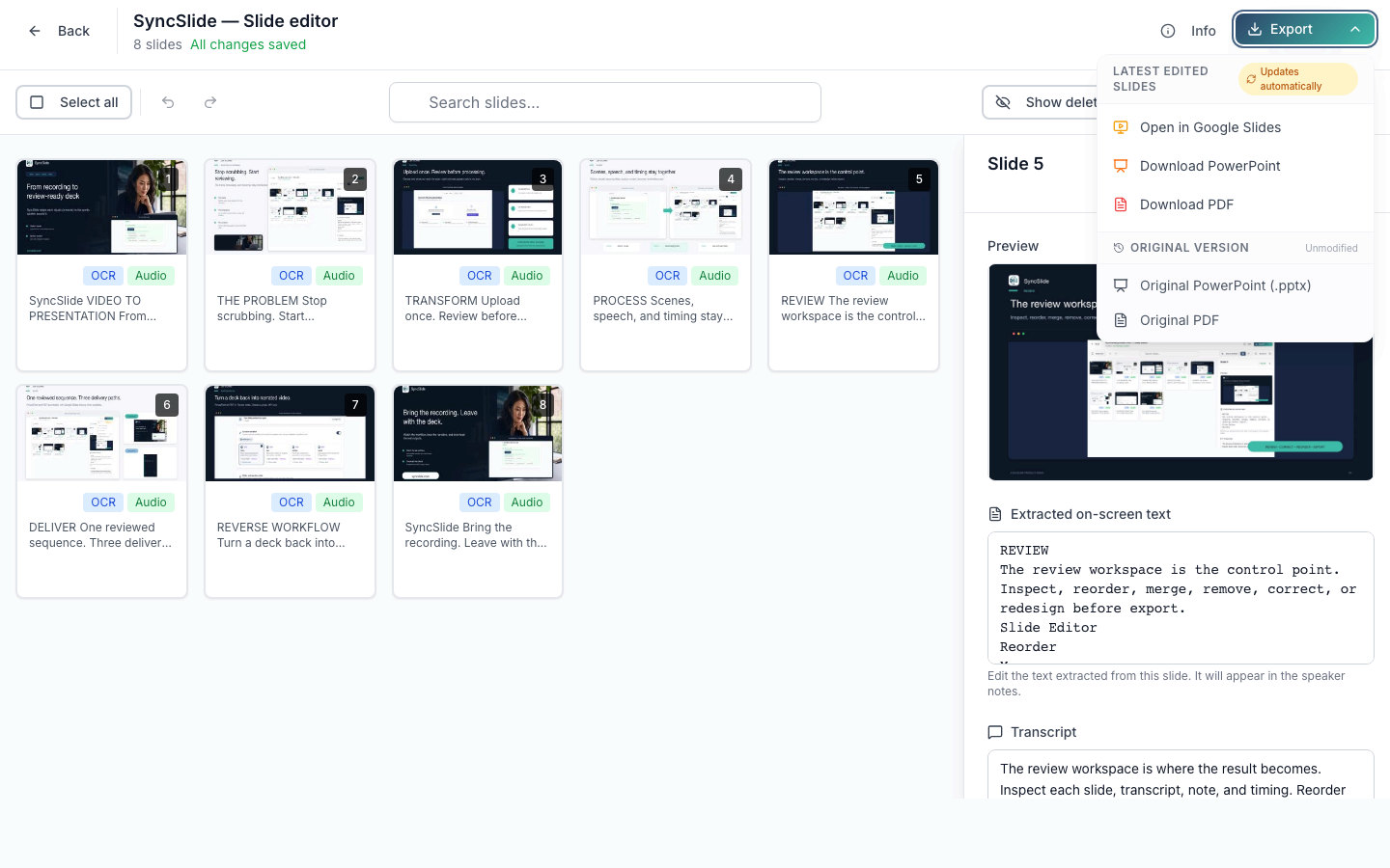 SyncSlide editor with the PowerPoint, PDF, and Google Slides export menu