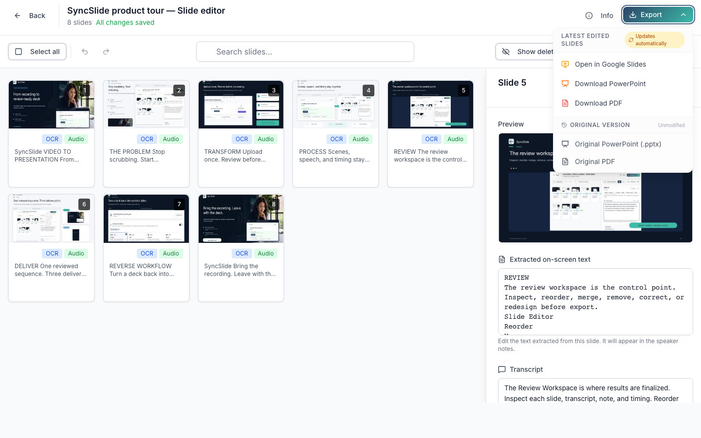Echter SyncSlide-Folieneditor mit geöffnetem Exportmenü für PowerPoint, PDF und Google Slides