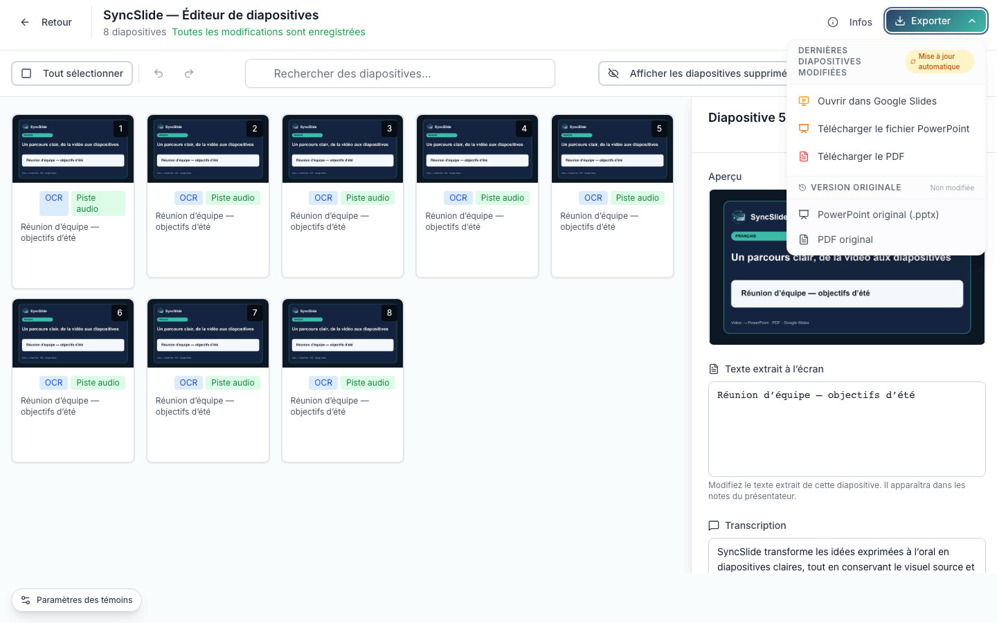 Véritable éditeur SyncSlide avec le menu d’exportation PowerPoint, PDF et Google Slides ouvert