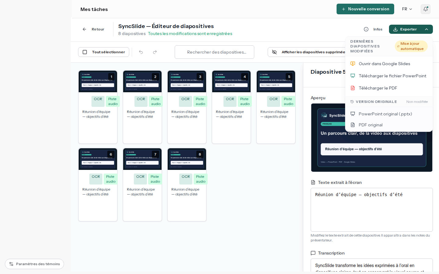 Éditeur SyncSlide avec le menu d’exportation PowerPoint, PDF et Google Slides