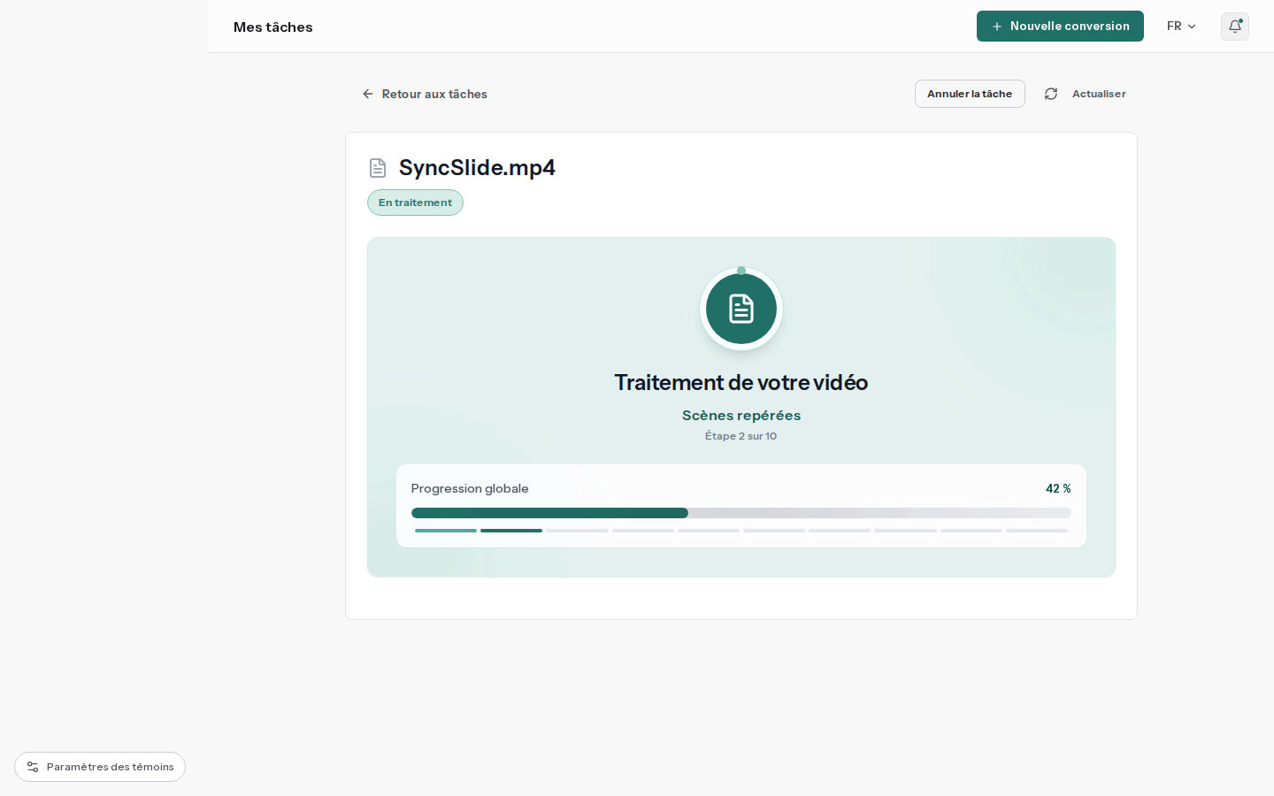 Page de traitement SyncSlide montrant la progression en direct et l’étape actuelle