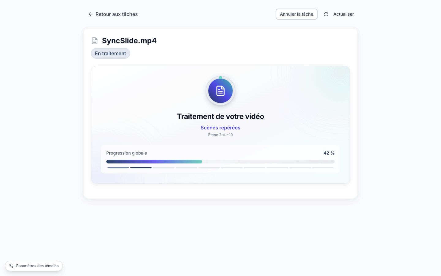 Page de traitement SyncSlide montrant la progression de la conversion et l’étape en cours