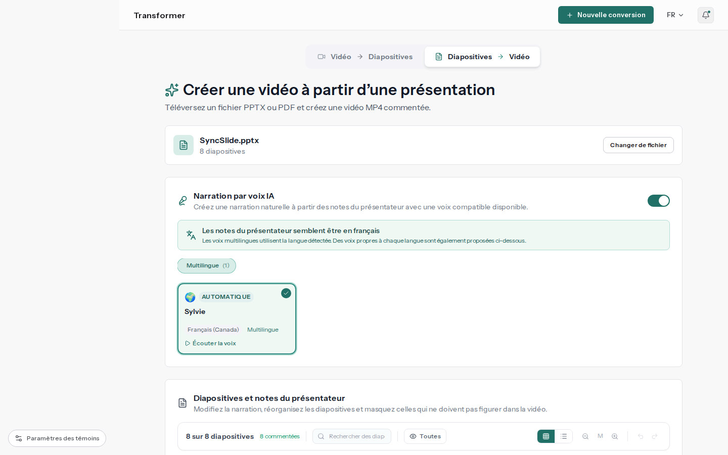 Espace de travail SyncSlide présentation-vers-vidéo avec des voix de narration et des notes du présentateur