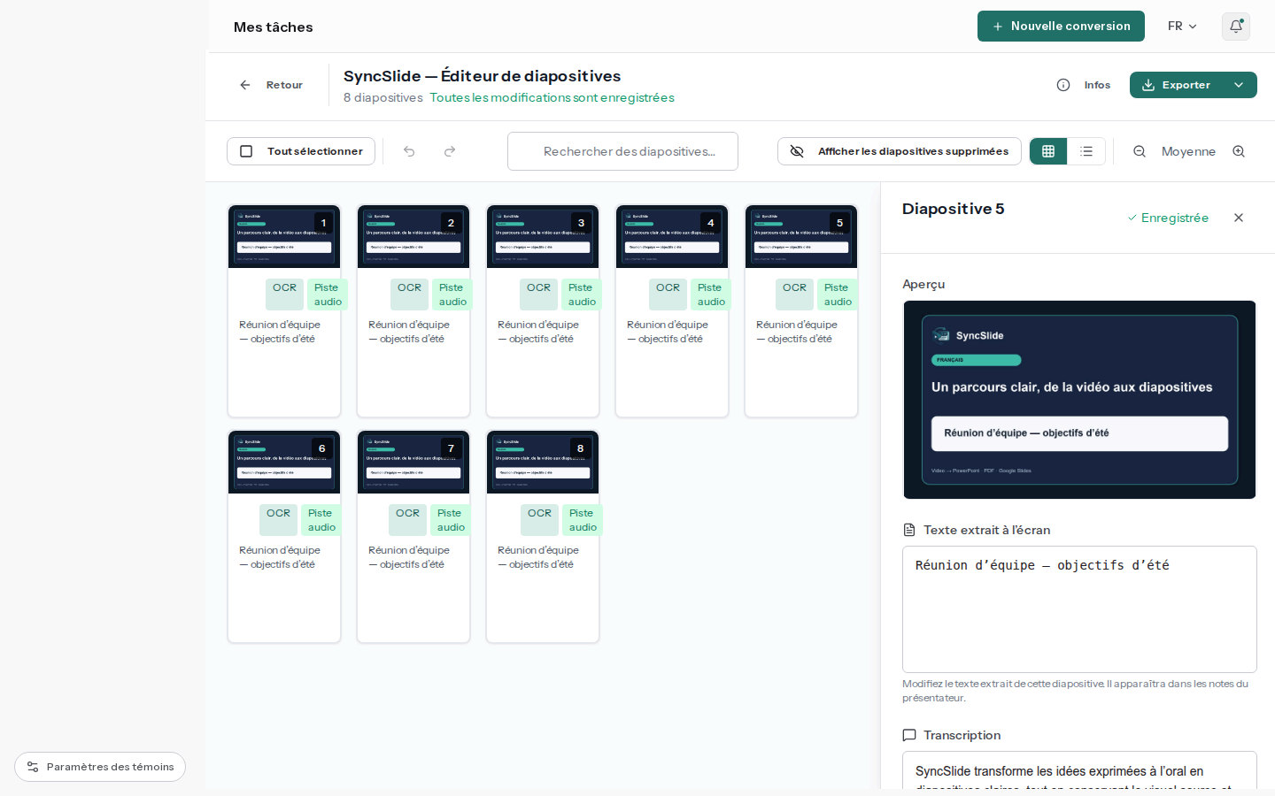 Éditeur SyncSlide affichant une diapositive de leçon enregistrée avec du texte extrait modifiable et des notes de transcription