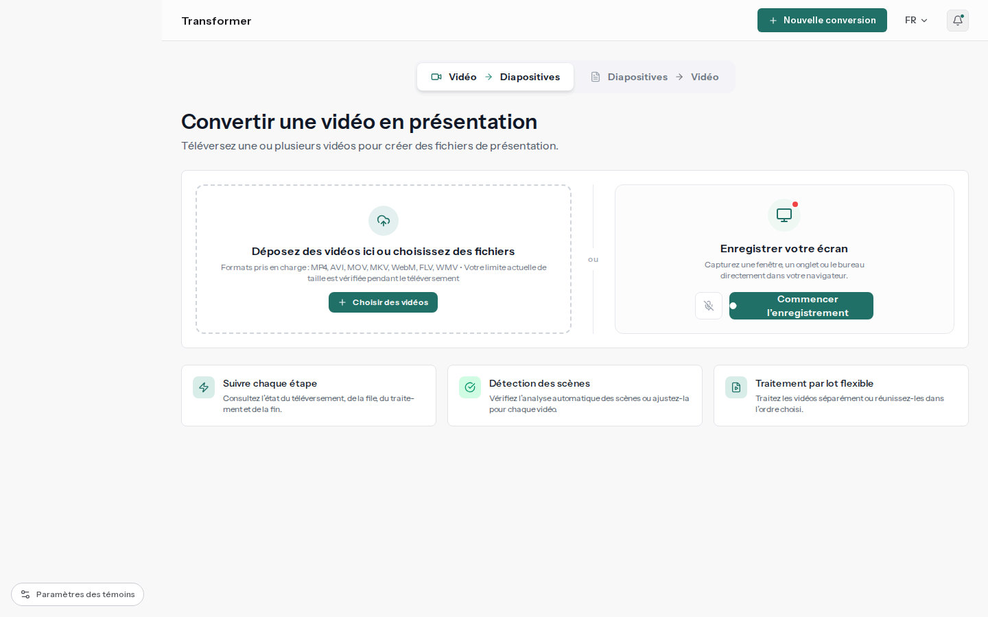 Espace de téléversement réel de SyncSlide avec une vidéo sélectionnée pour la conversion