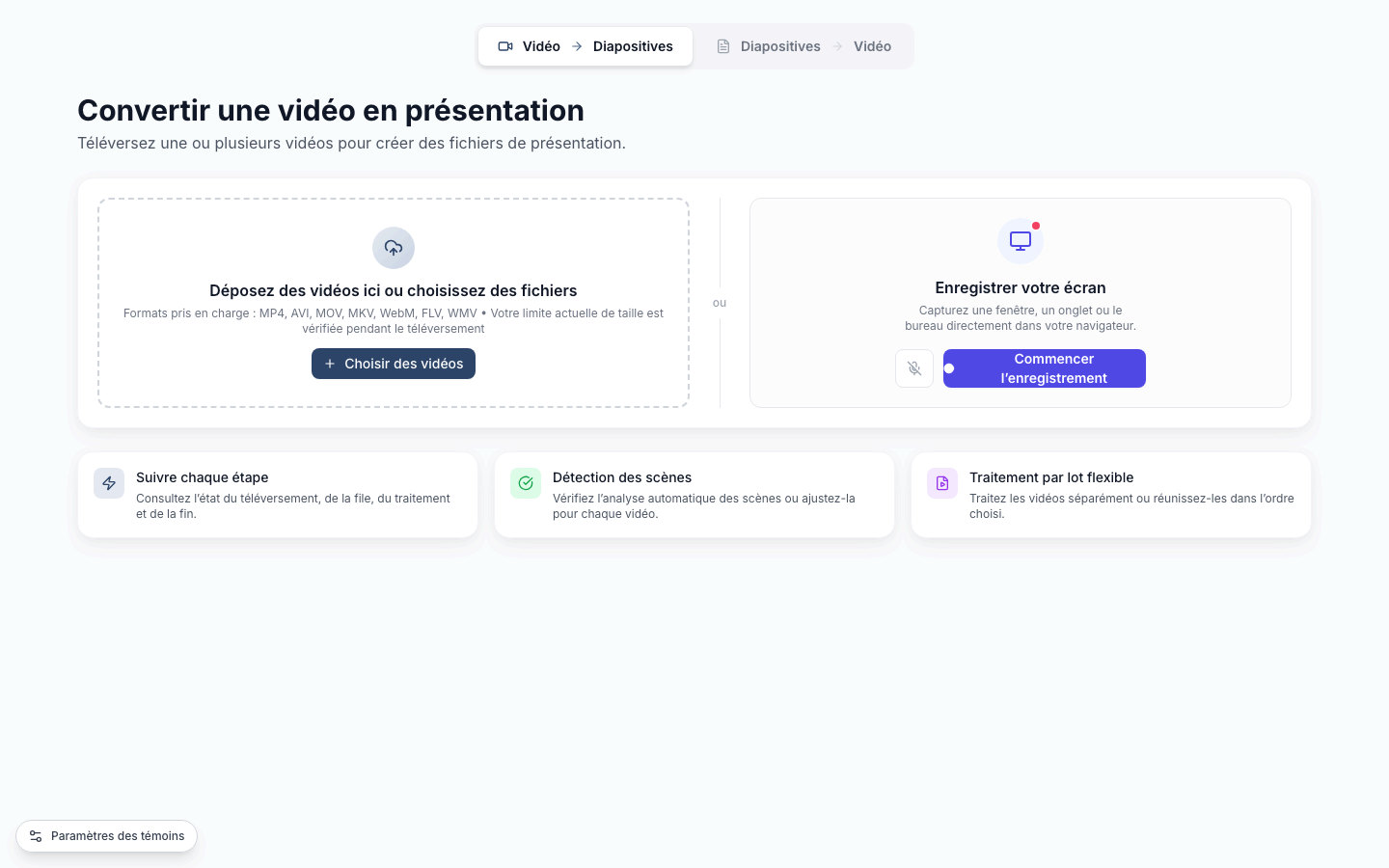 Véritable espace de téléversement de SyncSlide avec sélection vidéo et enregistrement d’écran dans le navigateur