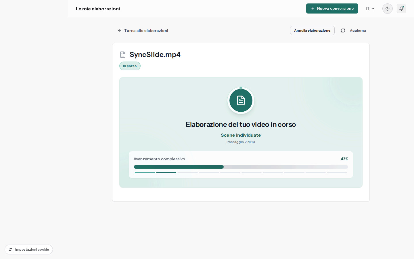 Pagina di elaborazione di SyncSlide con l’avanzamento della conversione in tempo reale e la fase in corso