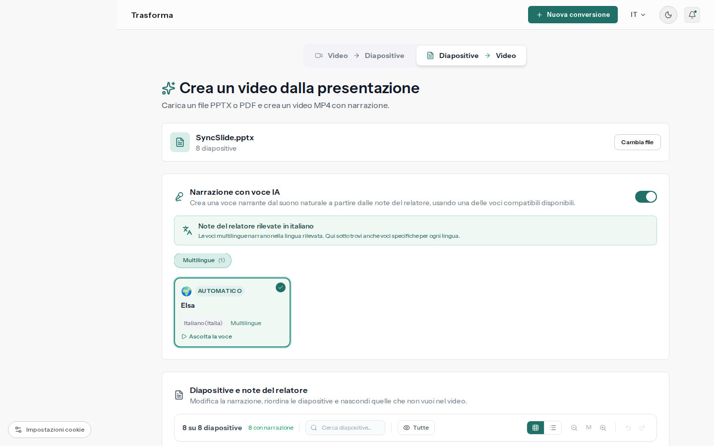 Area di lavoro di SyncSlide per la conversione da presentazione a video, con le voci narranti e le note del relatore delle diapositive