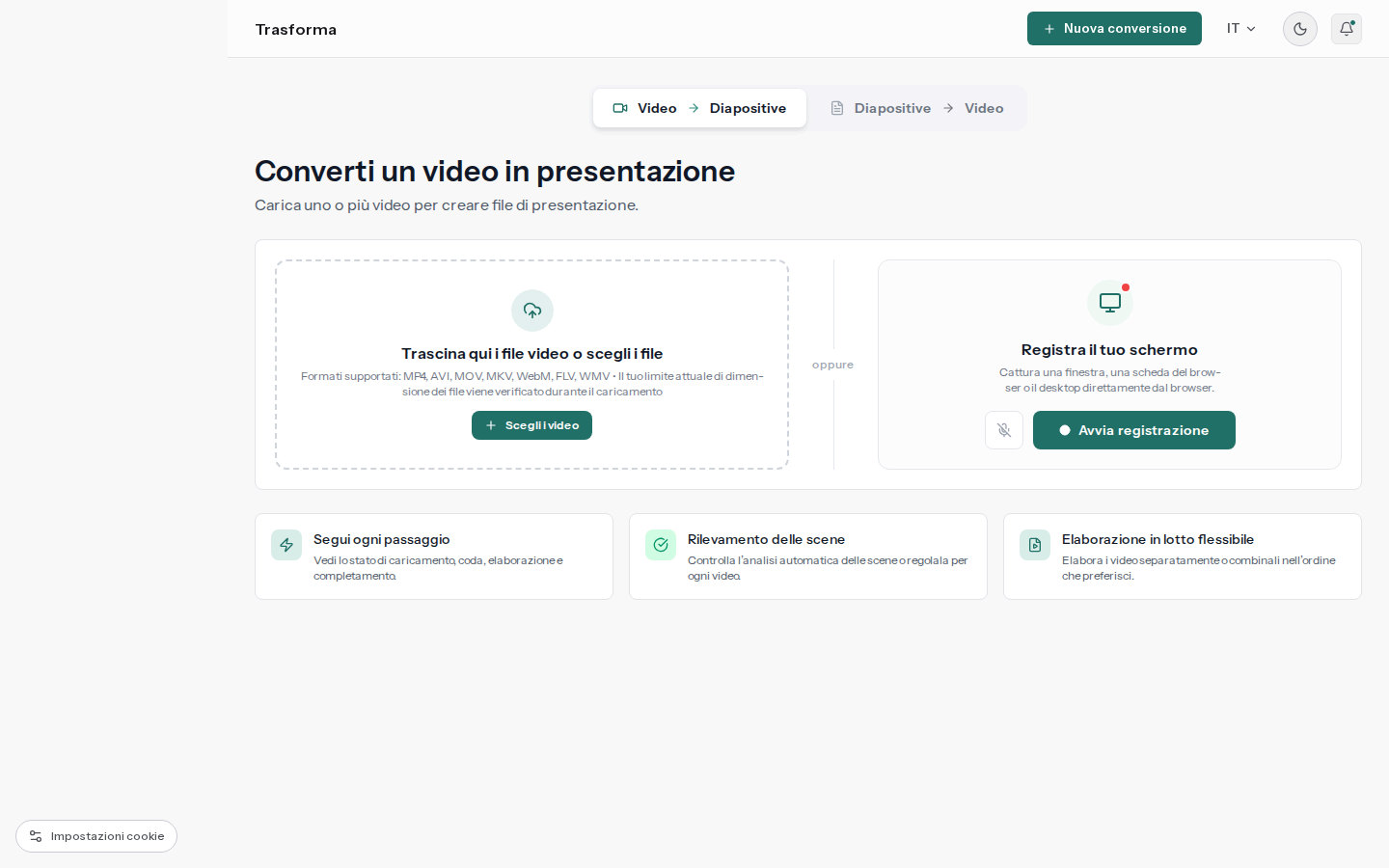 Area di caricamento reale di SyncSlide con un video selezionato per la conversione