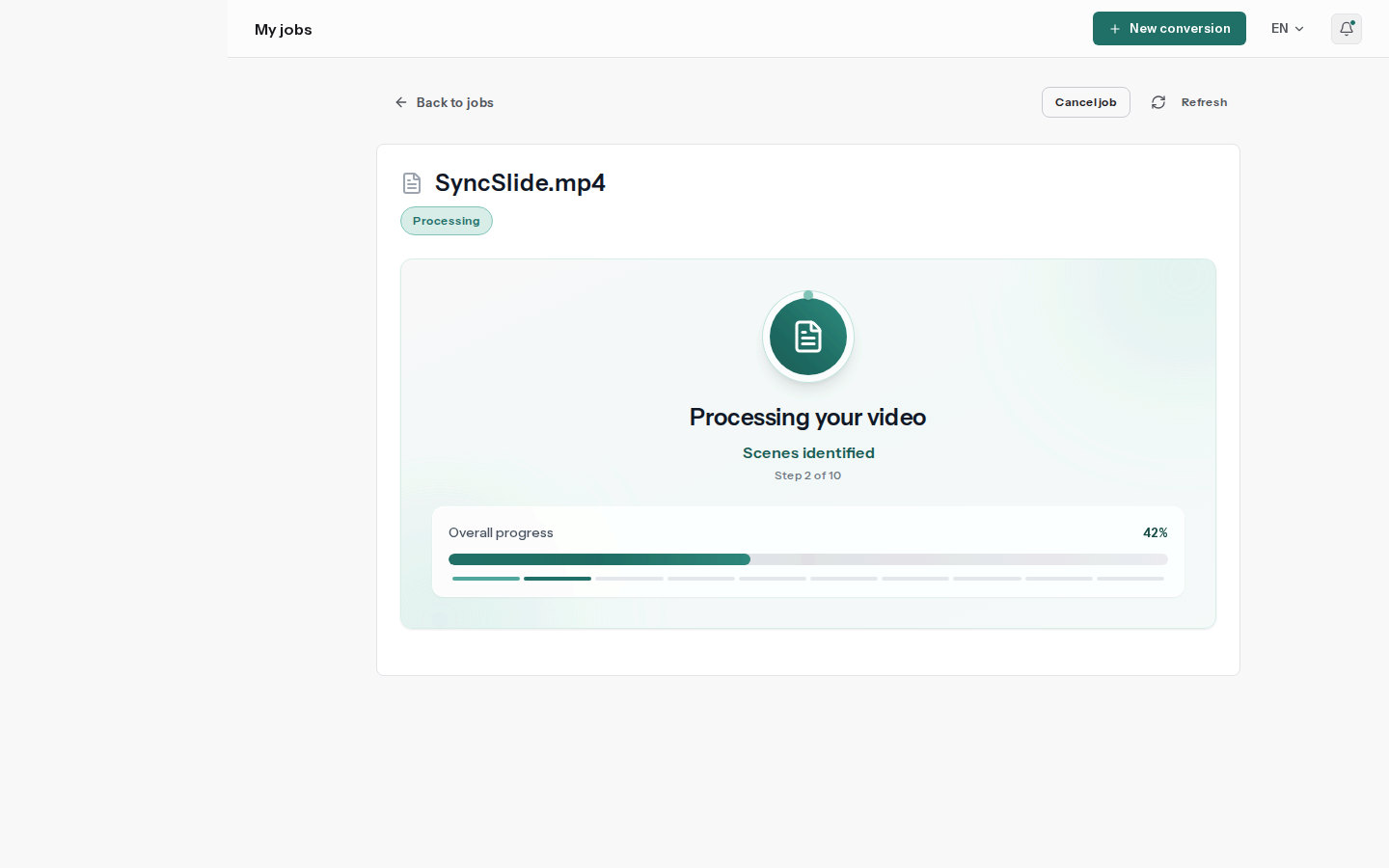 SyncSlide processing page showing live conversion progress and the current stage