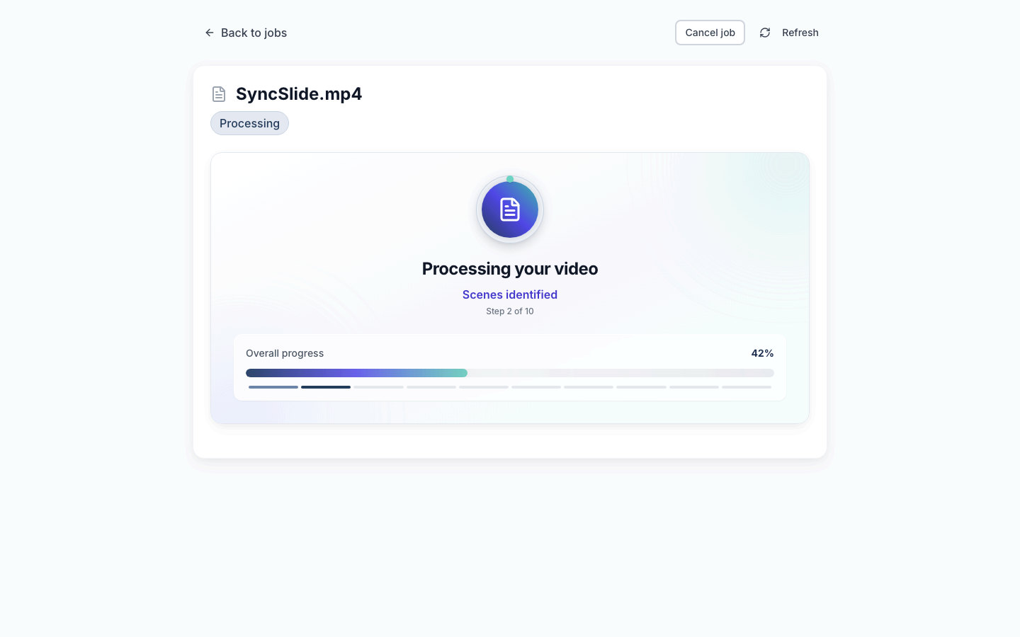SyncSlide processing page showing live conversion progress and the current stage