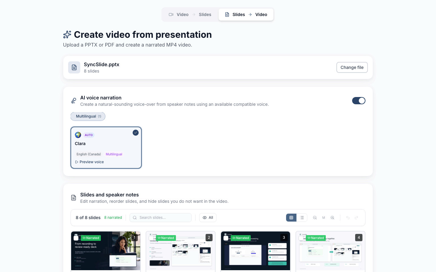 SyncSlide presentation-to-video workspace with narration voices and slide speaker notes