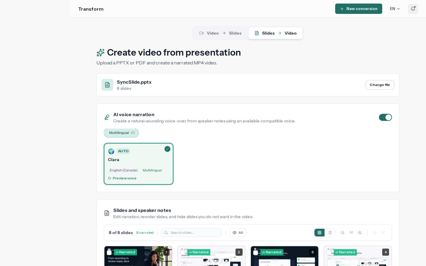 SyncSlide presentation-to-video workspace with narration voices and slide speaker notes