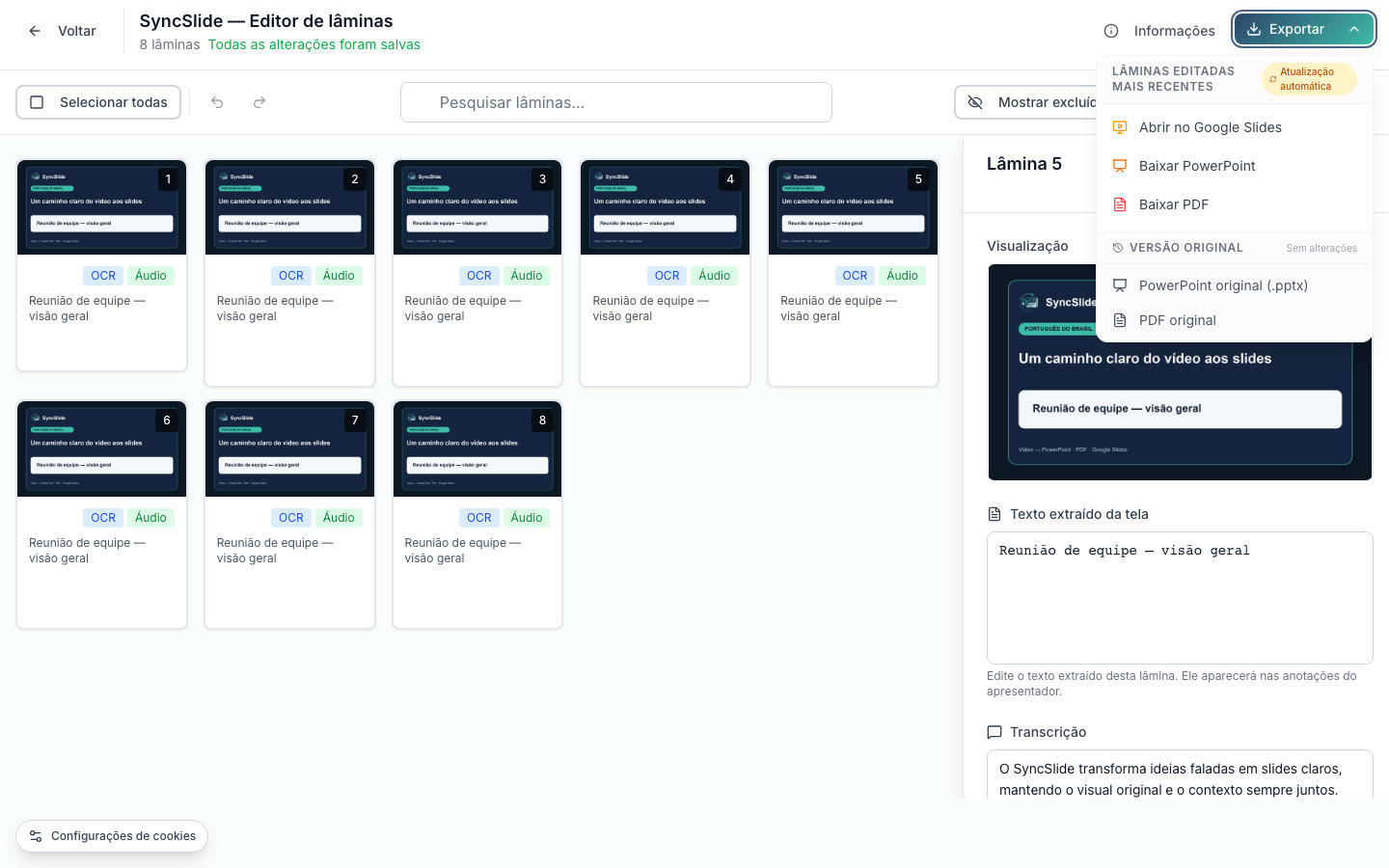 Editor real do SyncSlide com o menu de exportação para PowerPoint, PDF e Google Slides aberto