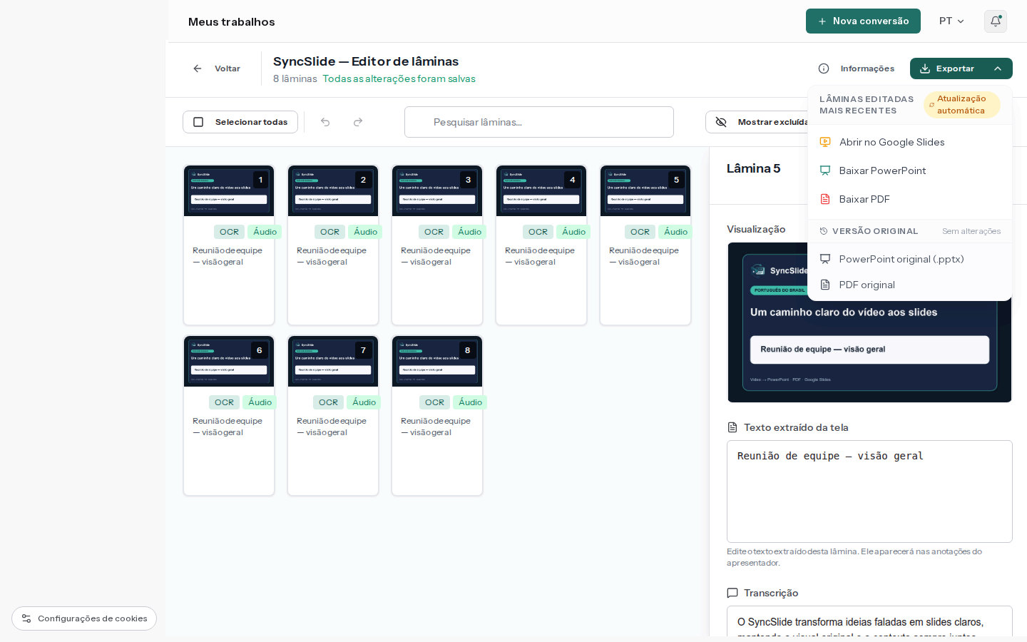 Editor da SyncSlide com o menu de exportação para PowerPoint, PDF e Google Slides