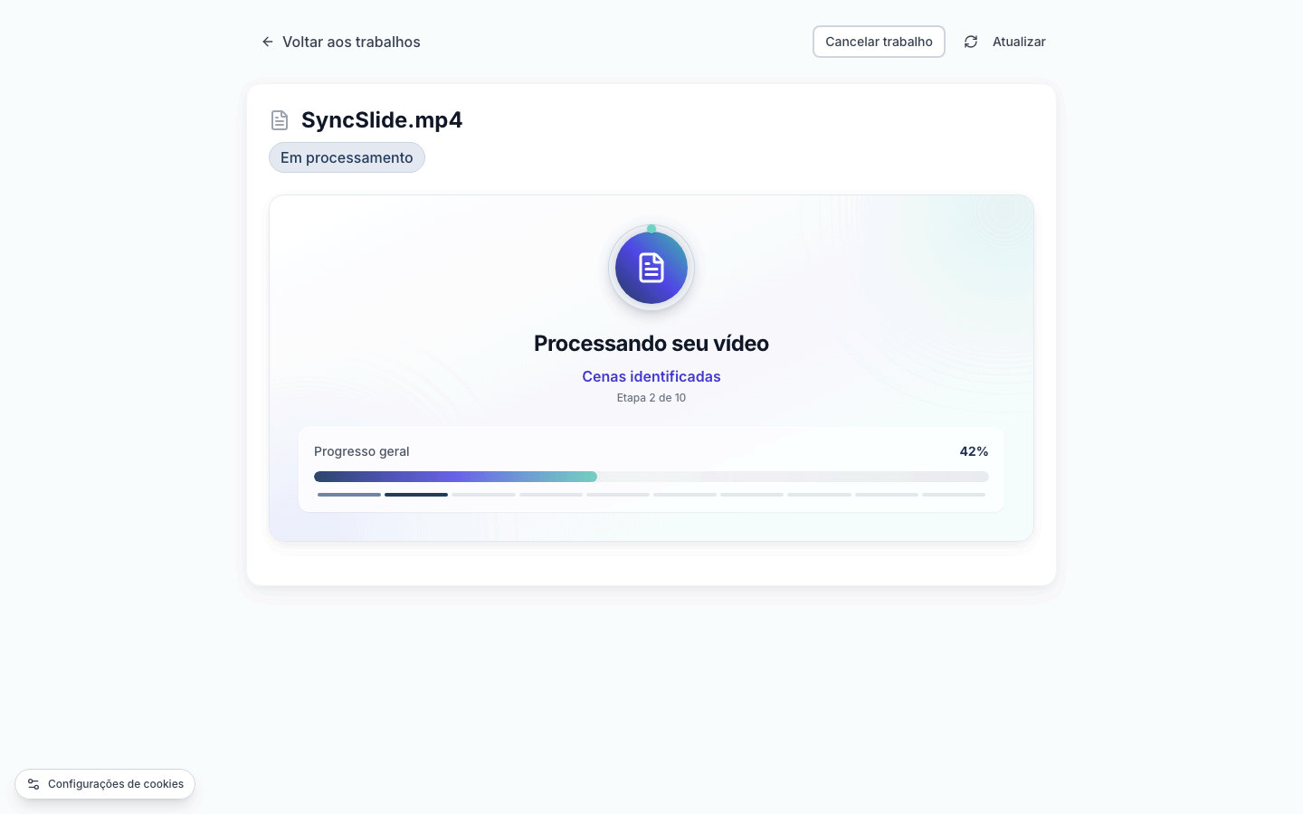 Página de processamento do SyncSlide mostrando o progresso da conversão e a etapa atual