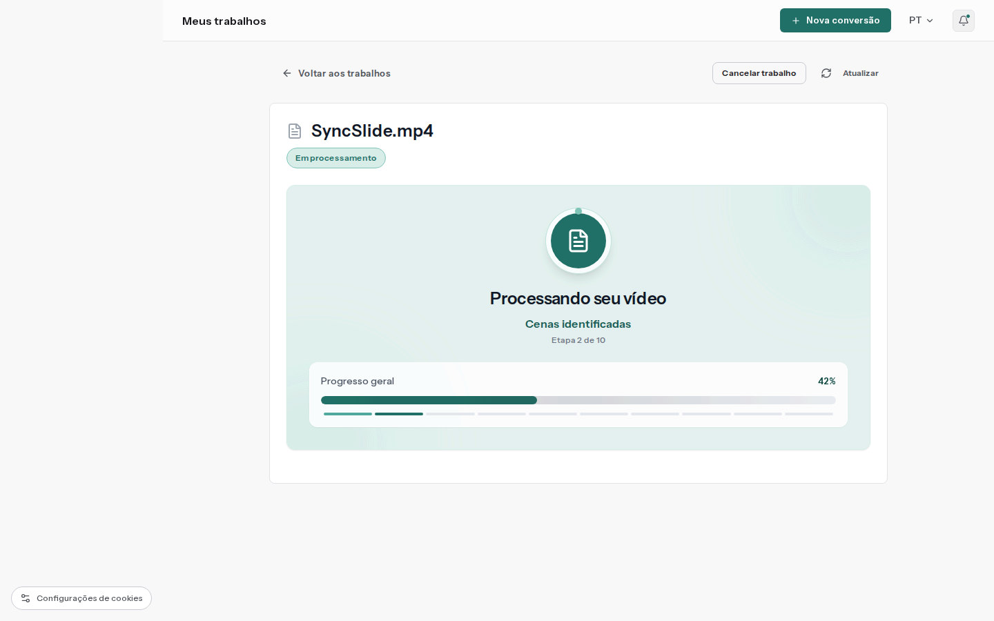 Página de processamento da SyncSlide com progresso ao vivo e etapa atual
