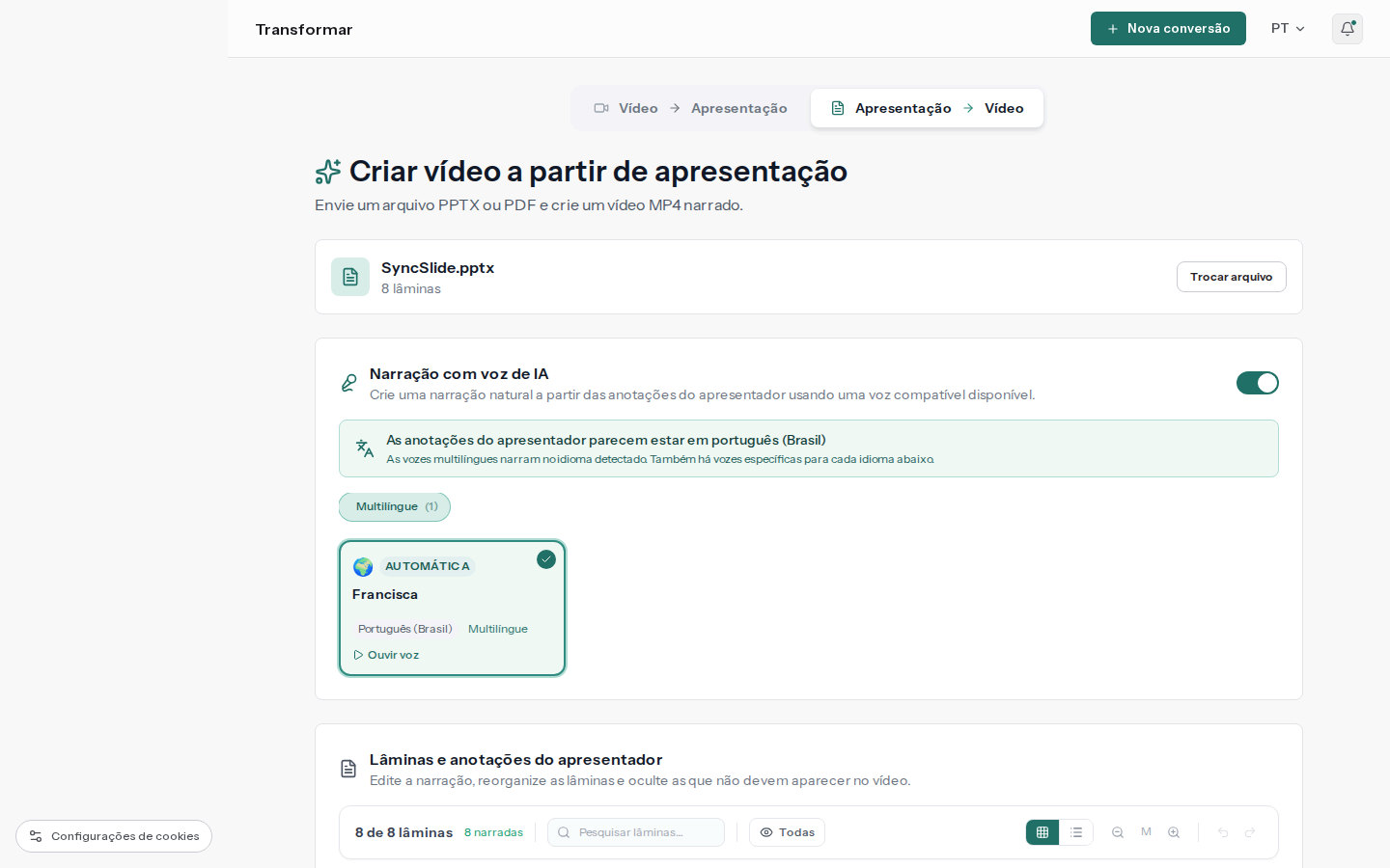 Espaço de trabalho de apresentação para vídeo do SyncSlide com vozes de narração e anotações do apresentador