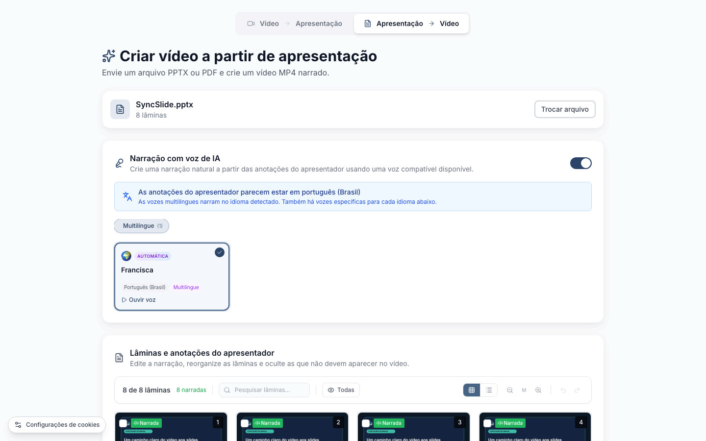 Área da SyncSlide para criação de vídeo com vozes de narração e anotações do apresentador