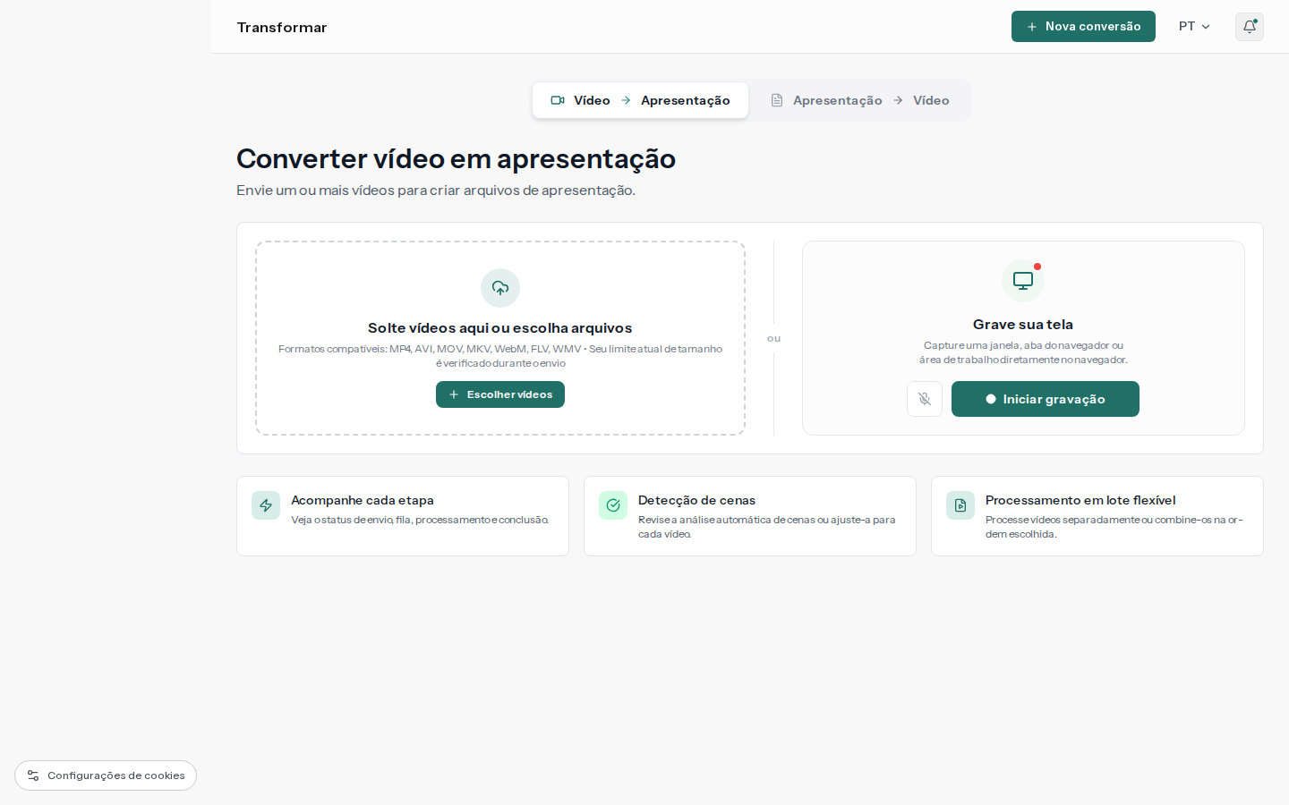 Espaço de envio real do SyncSlide com um vídeo selecionado para conversão