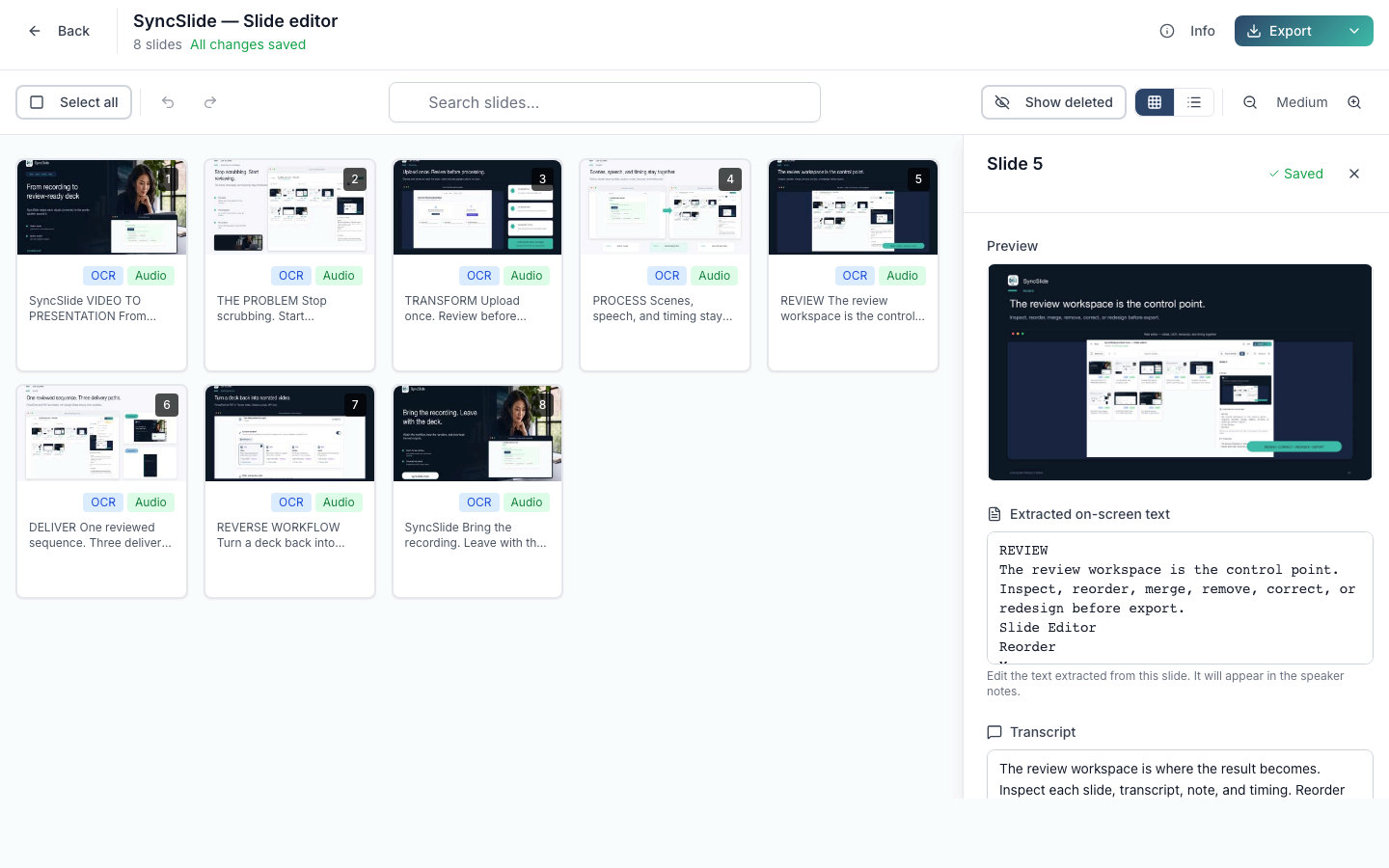 SyncSlide slide editor with slide thumbnails, text, notes, and timestamps