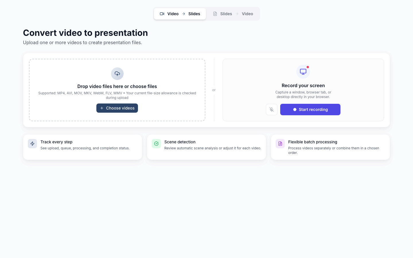 SyncSlide upload workspace with video selection and in-browser screen recording