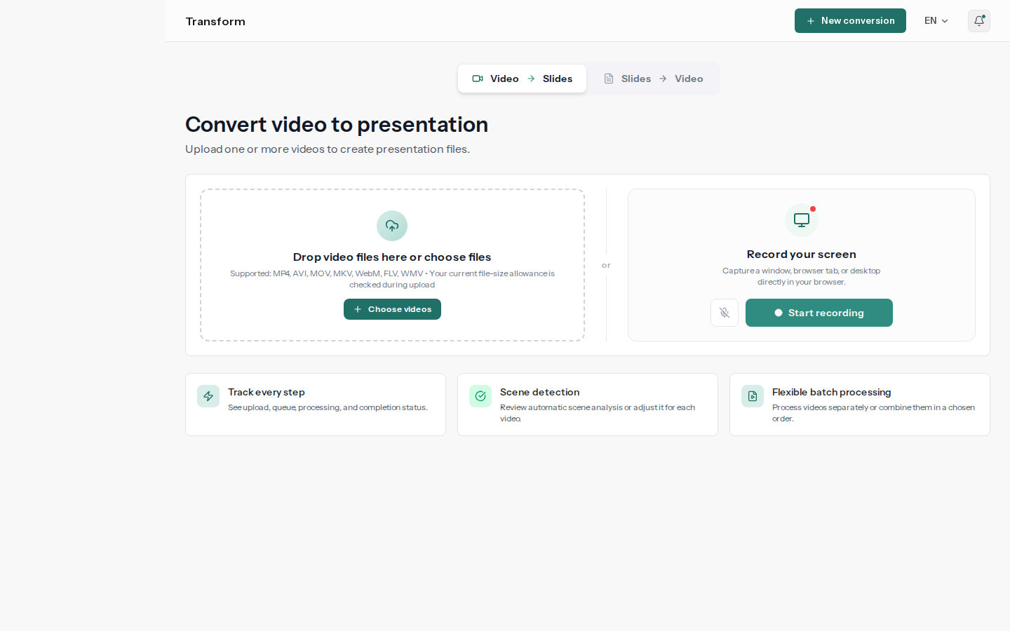 SyncSlide upload workspace for selecting a downloaded meeting recording or recording a screen