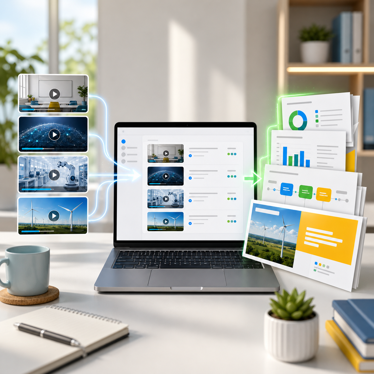 Batch training videos flowing into generated slide decks